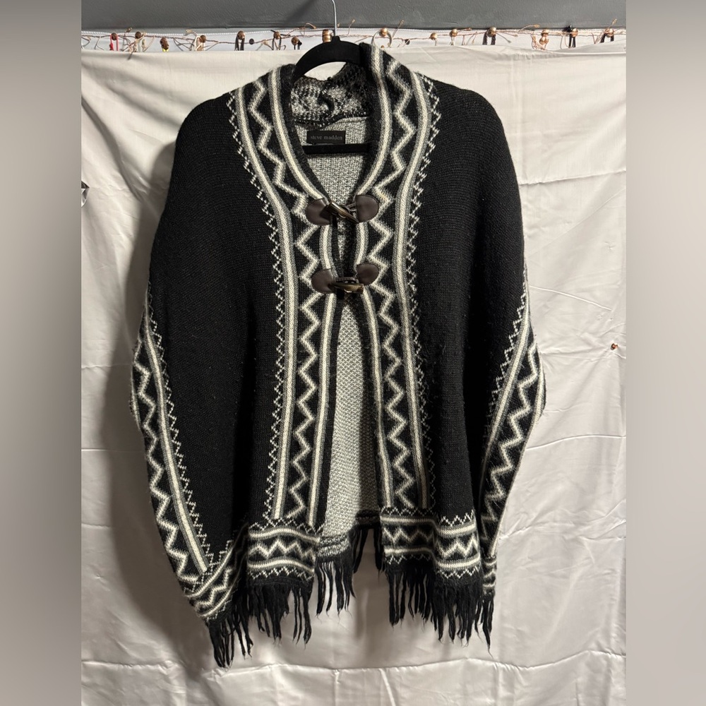 Steve Madden Black and White Poncho with Toggle Closure and Fringe